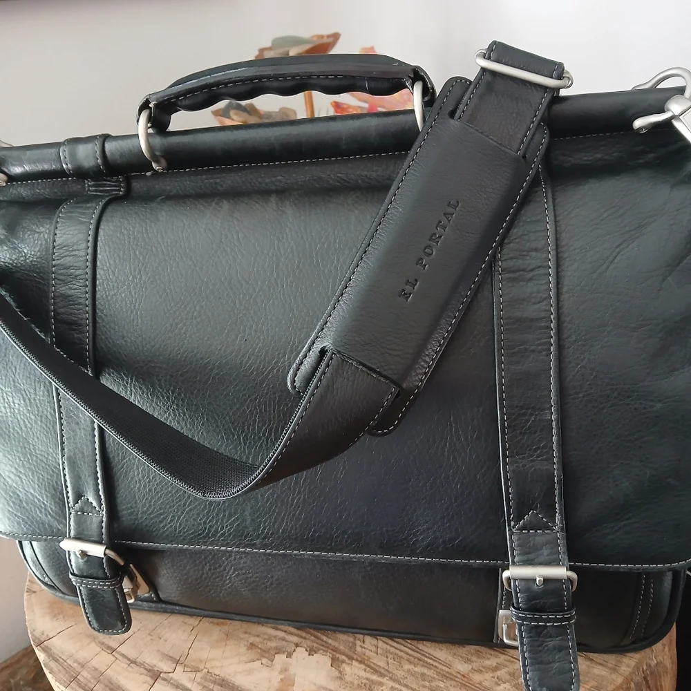 Business EL PORTAL Black Leather MESSENGER Office Work BRIEFCASE ATTACHE BAG